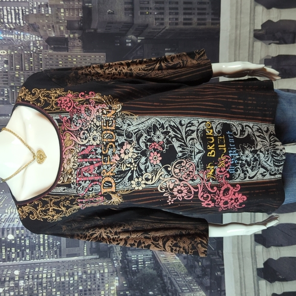 Vanilla Sugar Tops - Vanilla Sugar sz 3X Sparkling Brown Boat Neck Top With Floral Design